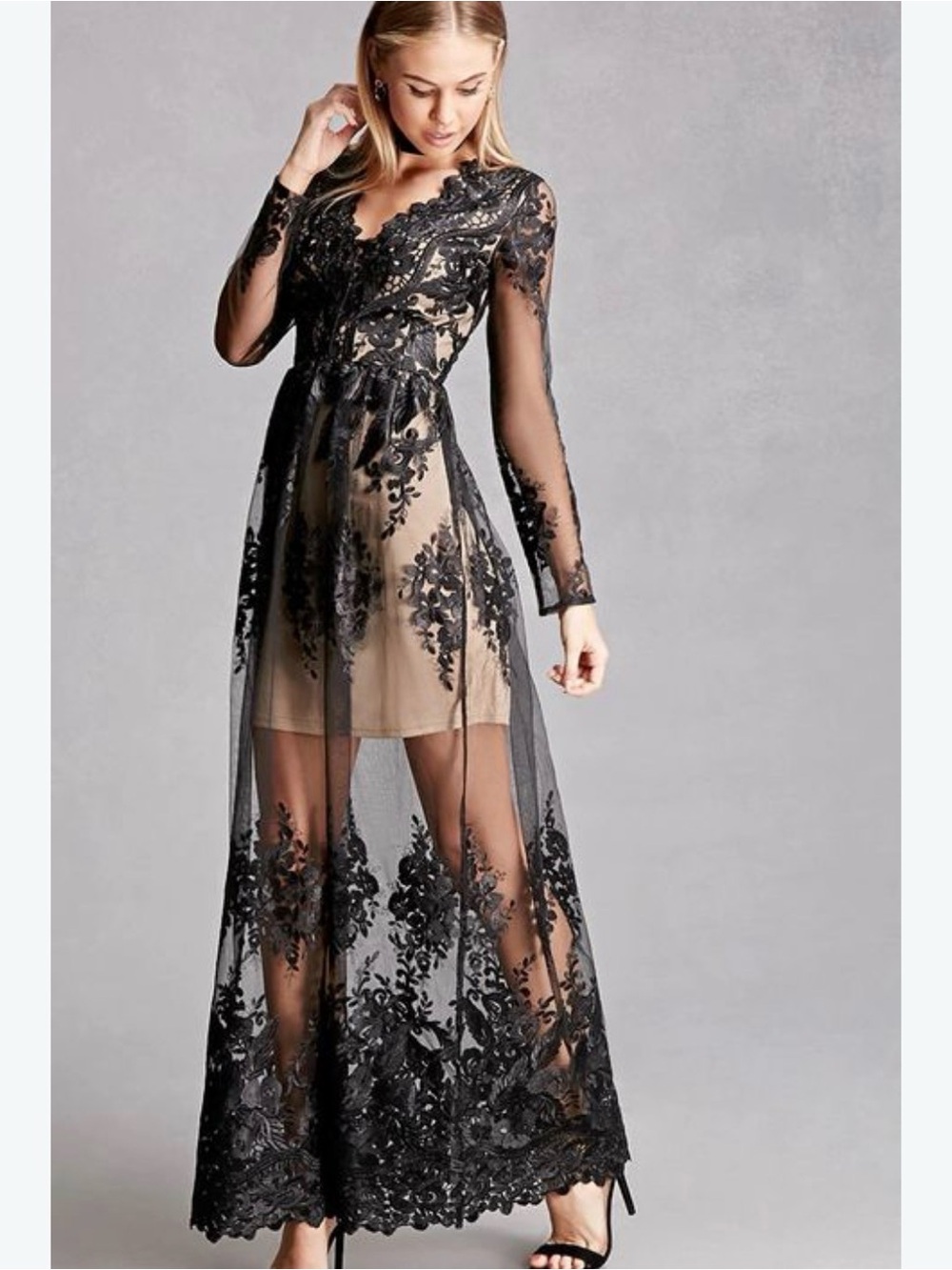 Soieblu Black Floral Lace Illusion Maxi Dress Medium Goth Dark Romance